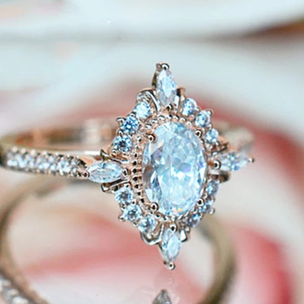 Oval Cut Halo Rhinestone Gold Silver Ring Crystal